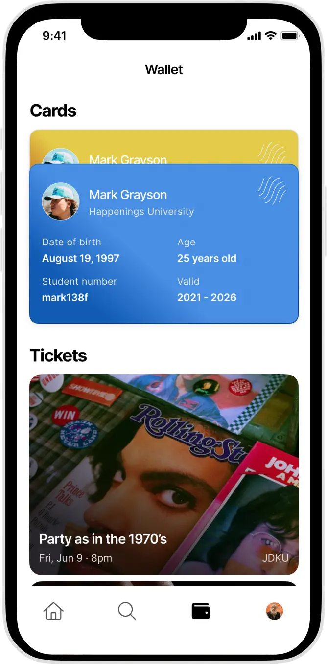 Happenings Wallet App - Tickets and Member Cards